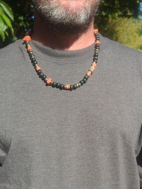 Men's Rustic Beaded Necklace in Black and Coral